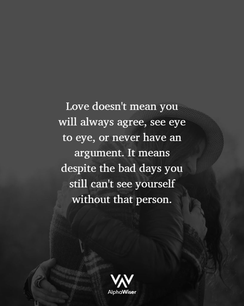 Love doesn't mean you will always agree, see eye to eye, or never have an argument. It means despite the bad days you still can't see yourself without that person.
