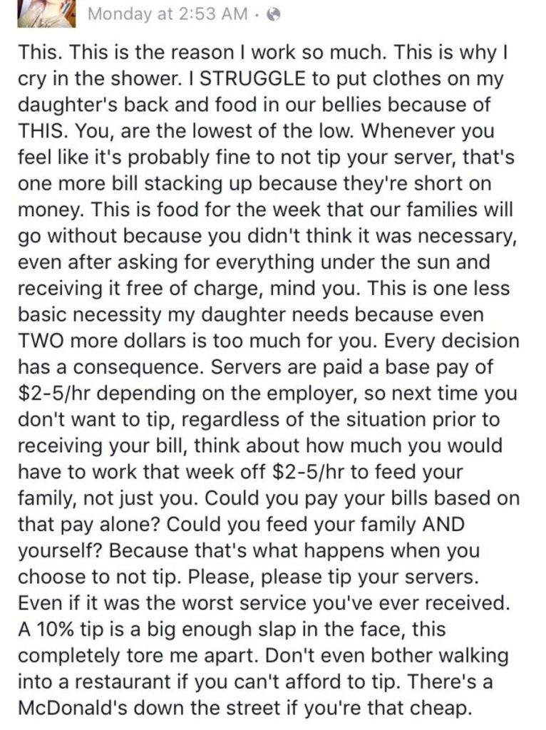 Waitress gets ‘$0’ tip on ‘$187’ bill, turns heads after making Facebook post in response